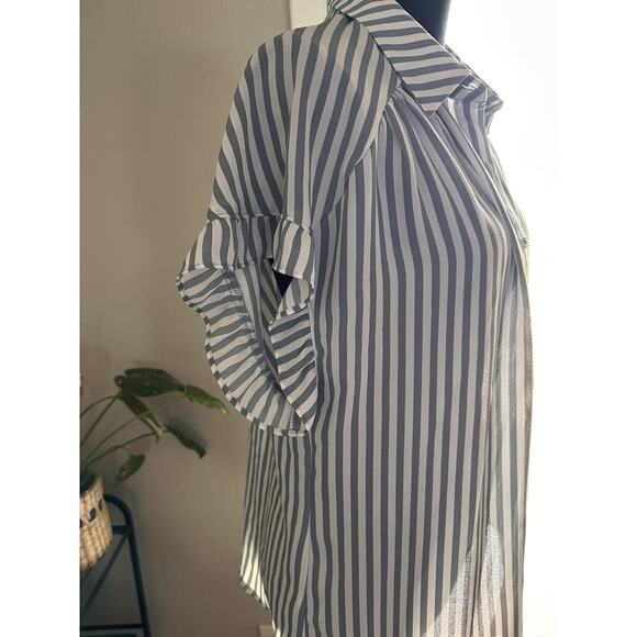 Pleione Blue White Striped Button Down Blouse With Puff Sleeves Business Casual - Picture 4 of 7